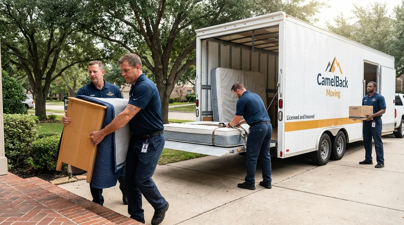 Crew loading residential truck for cross-state move from Danville, AL