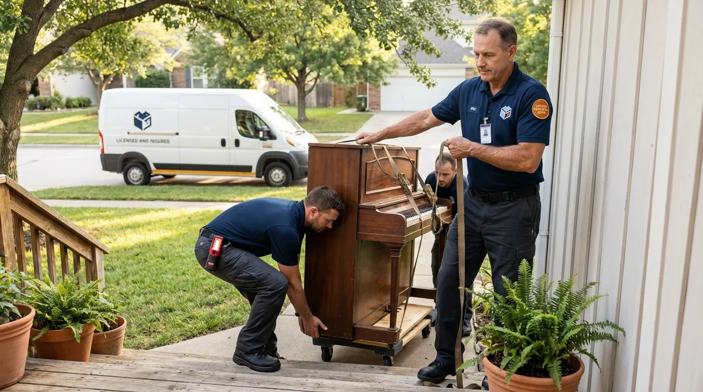 Licensed piano movers securing grand piano in Danville, AL