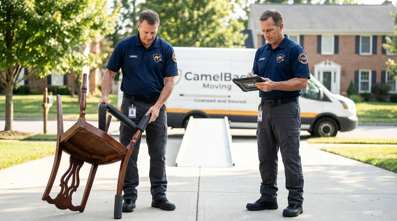 Movers inspecting furniture for damage prevention before loading in Danville, AL