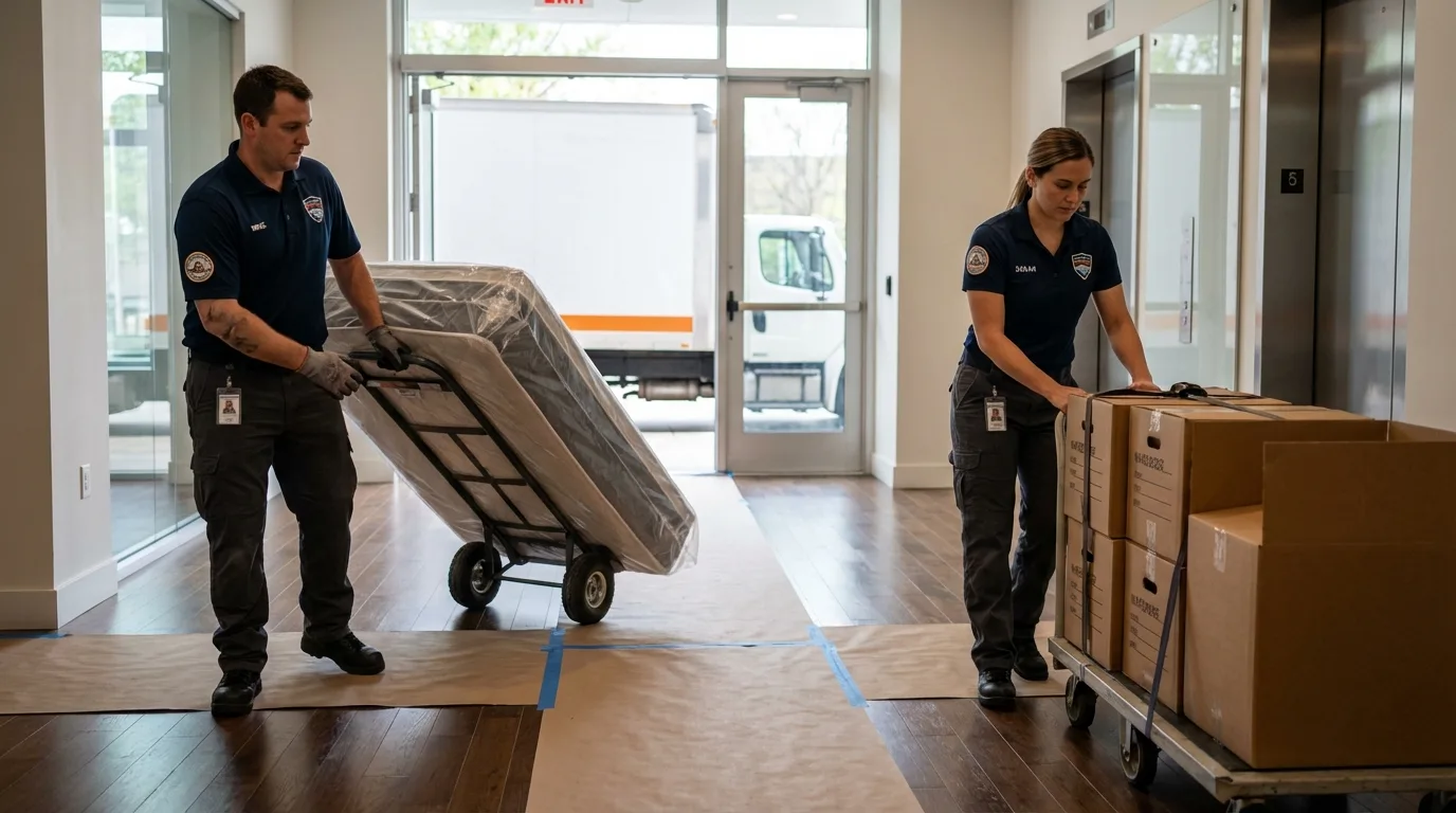 Professional apartment movers loading elevator in Danville, AL