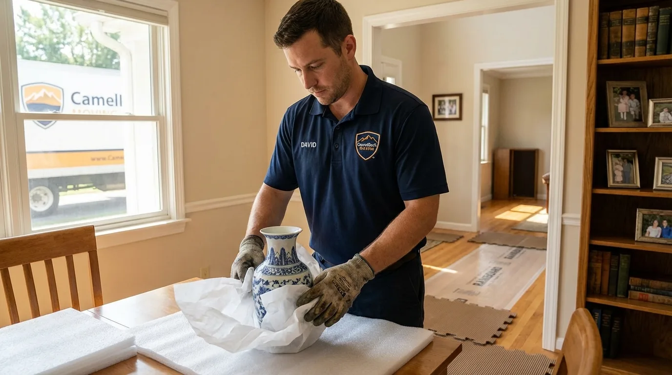Professional crew carefully wrapping antique vase for senior downsizing move in Danville, AL